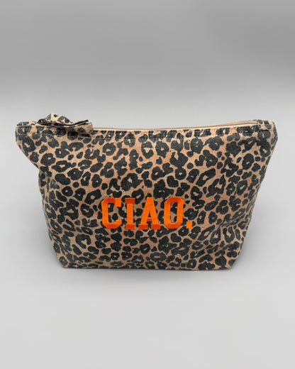 Leopard Canvas Kosmetiktasche mit orangefarbener Ciao Stickerei von studio x monaco
